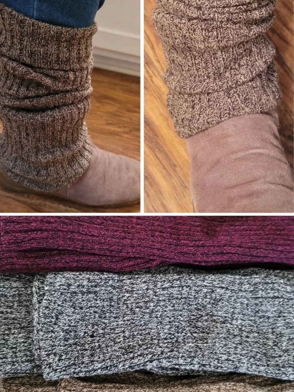 Set Of 3 Marled Rib-Knit Slouch Leg Warmers - Plum, Gray, Taupe